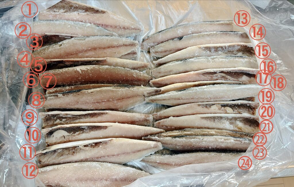 【ふるさと納税レビュー】楽天ふるさと納税の返礼品、千葉県銚子市の訳ありトロ塩さば約3kg。冷凍小分けで届いた状態の写真。実際には切身が24枚も入っていた。