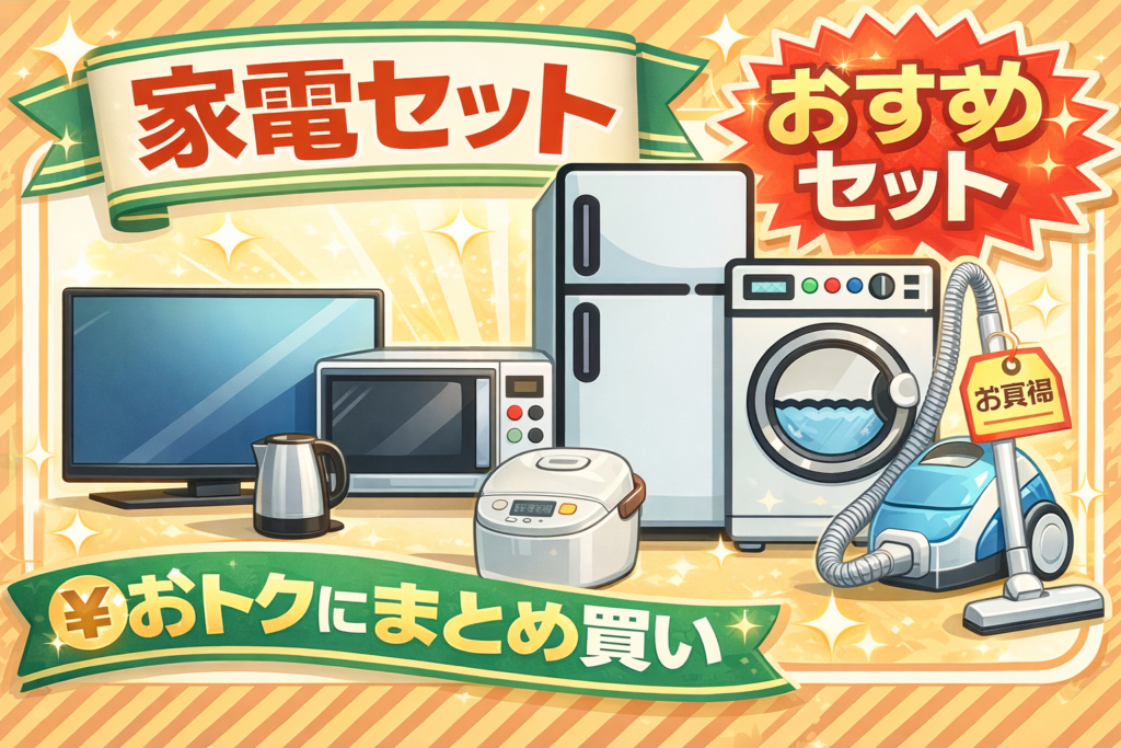 家電セットのイラスト。冷蔵庫や洗濯機などをまとめ買いできるイメージ。